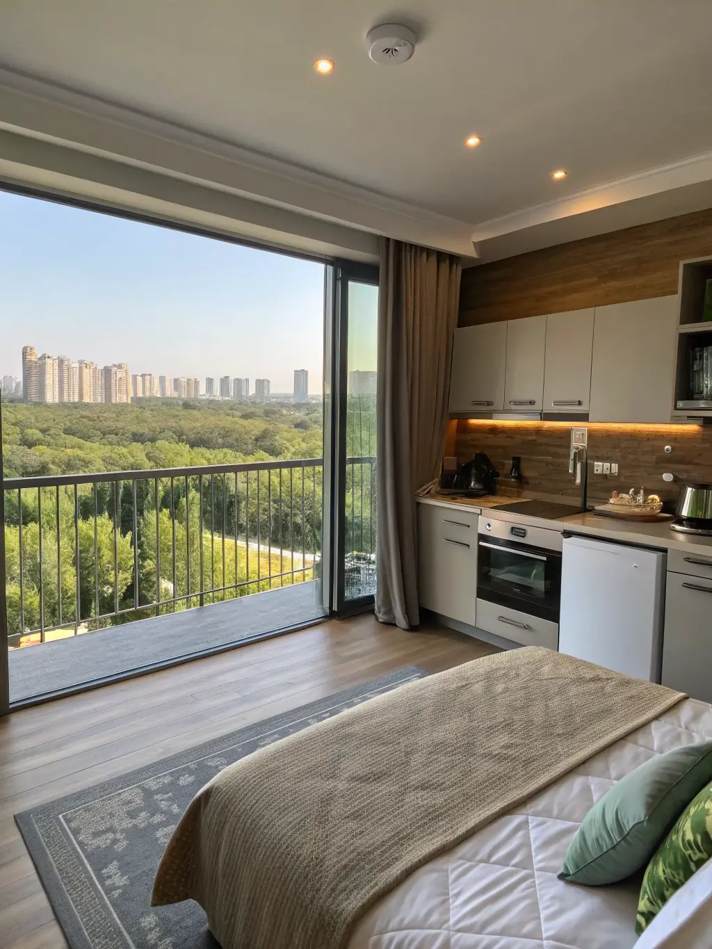 A well-lit one-bedroom apartment in Nur-Sultan, Kazakhstan, with a separate living room, bedroom, kitchen, and balcony overlooking a park.