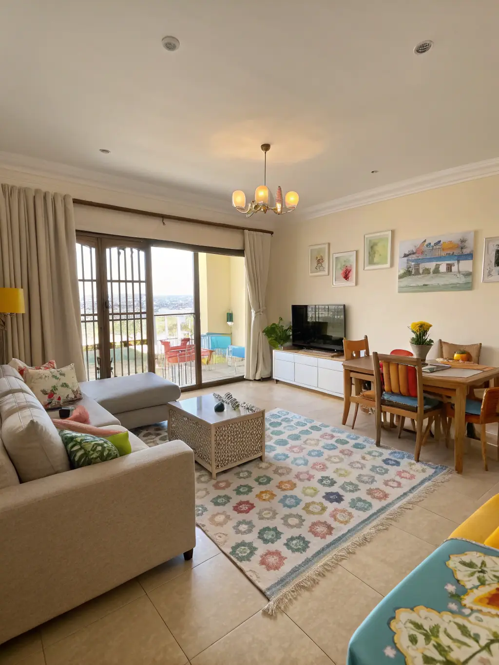 A family-friendly apartment in Shymkent, Kazakhstan, featuring multiple bedrooms, a large living area, a fully equipped kitchen, and a children's play area.