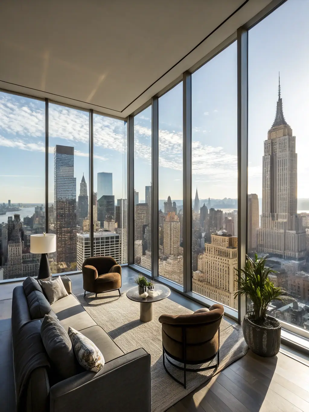 A luxurious penthouse apartment in Astana, Kazakhstan, with panoramic city views, high-end finishes, a private terrace, and access to exclusive building amenities.