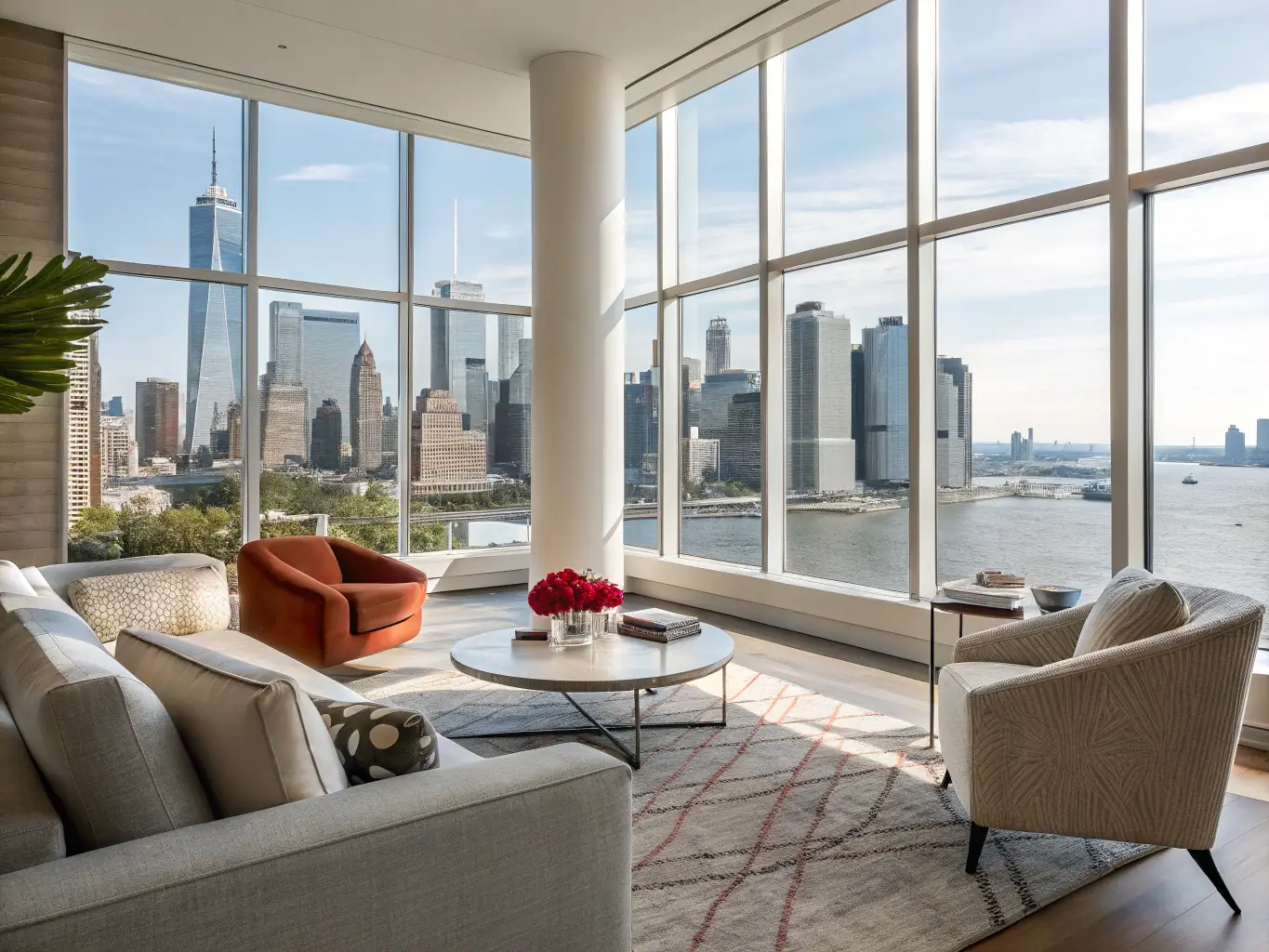 A modern, stylish apartment interior in Almaty, Kazakhstan, featuring a bright living room with large windows overlooking the city skyline. The image should convey a sense of luxury and comfort.