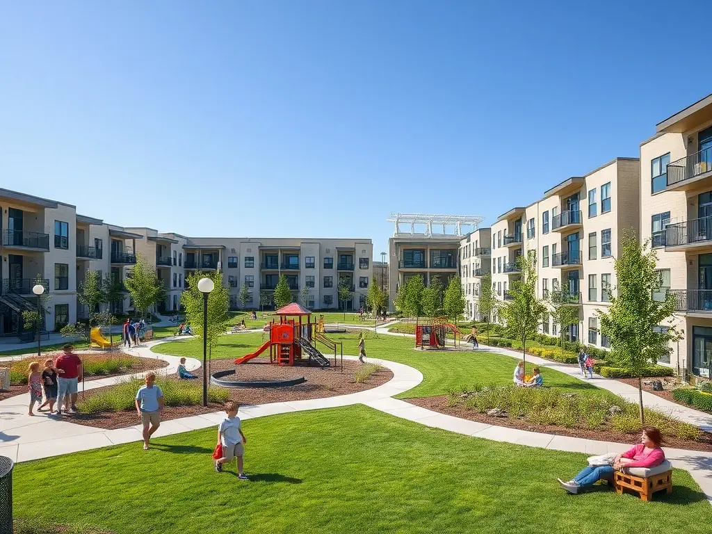 A family-friendly apartment complex in Nur-Sultan, Kazakhstan, with a playground and green spaces visible in the background. The image should evoke a sense of community and safety.